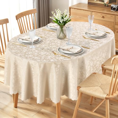 Smiry Oval Waterproof Heavy Duty Vinyl Tablecloths, 52 x 70 Inch | Wipeable Washable Floral Embossed Table Cover for Kitchen and Dining Room, Indoor & Outdoor Use, Beige - color: Beige, size: 70" x 52" (Oval)