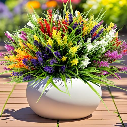 Geegoods 48 Bundles Artificial Lavender Flowers for Outdoor, UV Resistant | Faux Lavender Plants with Monkey Grass for Garden Porch Window Patio Hanging Planter Decor,Mix 6 Colors - color: Mix 6 Colors, size: 48PCS