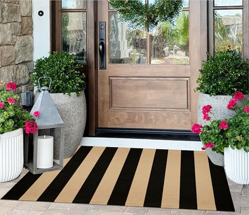 Black & Tan Striped Front Porch Rug 24"x51" - Washable Outdoor Doormat | Cotton Woven Small Area Rug for Entryway, Indoor & Home Entrance Decor - color: Black Tan, size: 2' x 4'3" (Rectangular)