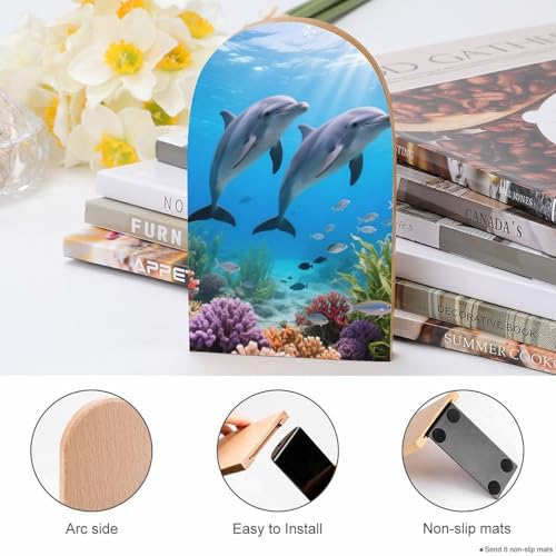 Dolphin Book Ends for Shelves - 2 Pack Handmade Wooden Bookends with Metal Base, Sturdy Book Holder for Heavy Books Modern Decorative Book Stopper for Home Office