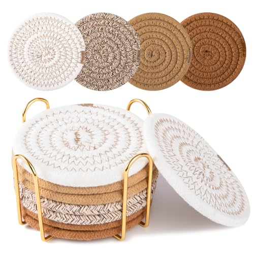 OIAHOMY 8 Pcs Coasters with Holder for Beer, Coffee, Woven Cotton Coaster Set for Table Decor for Kitchen, Bar, Dining Room, Living Room, Housewarming Gifts - Yellow - color: Yellow