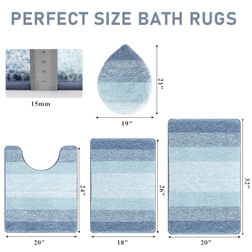 Bsmathom Bathroom Rug Set 4 Piece, Plush Microfiber Bath Mat, Dusty Blue | Super Water Absorbent, Non Slip Machine Washable Bath Rug Sets with Toilet Lid Cover and U-shaped Contour Toilet Mat - color: Dusty Blue, size: 18"x26"+20"x31"+U20"x24"+Cover19"x21