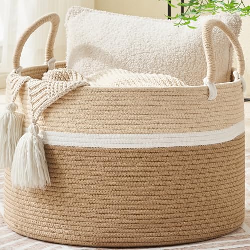 KAKAMAY Large Blanket Basket with Handles, Storage Basket for Living Room | Extra Large Capacity | Natural Cotton Rope | Blanket Storage | Woven Storage Basket | Stuffed Animal Storage | Laundry Basket - color: White and Brown