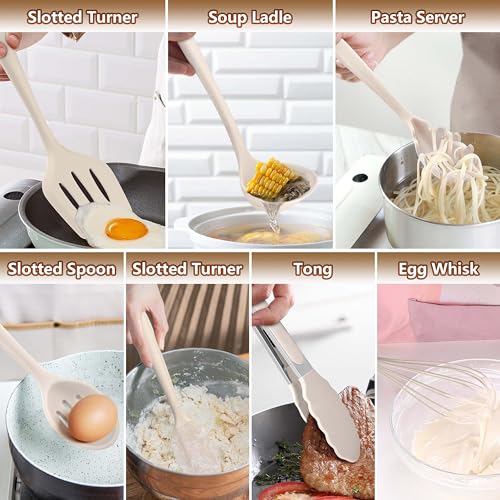 LIANYU 14 Pcs Silicone Cooking Utensils Set with Holder, Khaki | Kitchen Utensils Set for Non-Stick Cookware, 446°F Heat Resistant Cooking Tools with Comfort Grip Handle, Dishwasher safe - color: Khaki