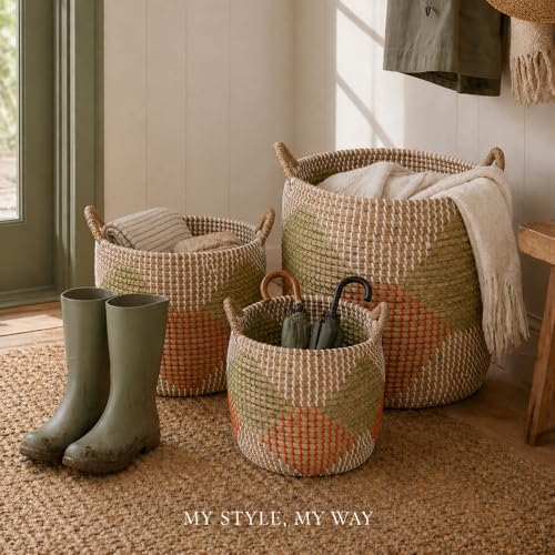 Set of 3 Handwoven Seagrass Storage Baskets with Handles, Decorative Round Wicker Basket Set for Blankets, Toys, Towels, Nursery, Living Room & Bedroom