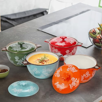 AVLA 4 Pack Ceramic Soup Bowls with Lid and Double Handles, 22 OZ French Onion Soup Crock, Small Casserole Dish for Oven, Mini Cocotte Set Baking Ramekins for Stews, Cereal, Oatmeal or Pasta