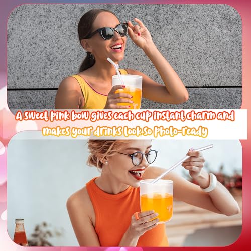 4 Set 14 oz Pink Bow Icon Glass Cup with Glass Straws 3D Aesthetic Cup Old Fashioned Icon Handblown Cup for Cold Drink Juice Office Women Friend Party Gifts Mom Daughter, Not Suitable for Hot Drinks