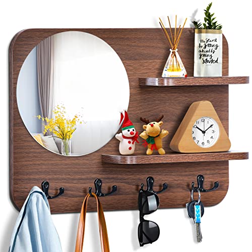 Coat Rack Wall Mount with Shelf & Mirror Decorative Entryway Hook - color: Brown S