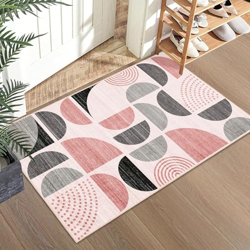 Small Rug Washable,Boho 2x3 Area Rugs Non Slip Modern Abstract | Machine Washable Throw Carpet for Entryway Bathroom Entry Entrance Bedroom Kitchen Soft Low Pile Floor Indoor Pink and Grey - color: Pink and Grey, size: 2' x 3' (Rectangular)