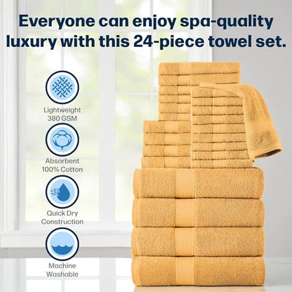 24-Piece Set of Towels, Lightweight 380 GSM Cotton Towels, Quick Drying, Absorbent Hand Towels, Fingertip Towels, Bath Towels, & Washcloths, Gold - color: Gold