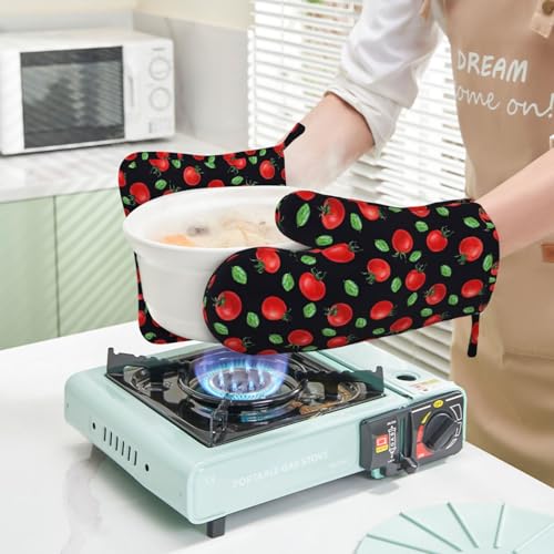Cherry Tomatoes and Leaves Oven Mitts and Pot Holders Sets Silicone Kitchen Oven Mitts Hot Pads Heat Resistant Potholders Kitchen Mitts Set for Baking BBQ Cooking - color: Red Black