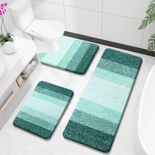 OLANLY Microfiber Bathroom Rugs Sets 3 Piece, 47"x20"+24"x16"+24"x20" | Blackish Green, Soft Absorbent Bath Mats and U-Shaped Contour Toilet Rug, Plush Shaggy Bath Mat Set for Bathroom - color: Blackish Green, size: 47" X 20" + 24" X 16" + U24" X 20"