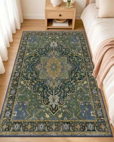 OLANLY 3x6 Washable Runner Rug, Soft Non Slip Carpet for Hallway Kitchen | Dark Green Boho Vintage Floral Medallion Farmhouse Rug, Spill & Stain Resistant Low Pile, for Entryway Laundry Office Bedroom - color: Dark Green, size: 3' x 6' (Runner)