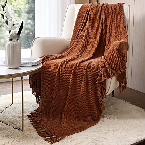 CREVENT Farmhouse Rust Chenille Throw Blanket for Couch Sofa Chair Bed Home Decoration, Soft Warm Cozy Knit Blanket for Spring (50''X60'' Caramel / Brown / Burnt Orange) - color: Chenille Caramel