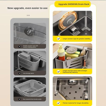 Kitchen Sink Sponge Holder – Adhesive No-Drill Caddy, Rustproof Organizer with Suction Cups | Storage Rack for Sponge, Soap, Stopper & Brush (Sink Caddy With 2 Hooks) | Kitchen Sink Sponge Holder