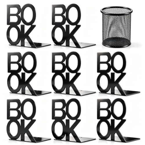 4 Pair Book Ends, Bookends, Book Ends for Shelves,Bookend | Non-Skid Metal Book End Stopper for Books/CDs/DVDs - color: Black, size: 4 pair