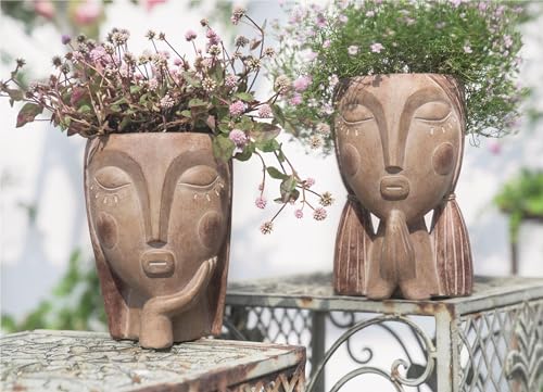 Saysmile Head Planters for Indoor Plants, Face Flower Pot Head Planter Succulent Planters Unique Face Planter with Drainage Hole - Rustic Thinking Girl Closed Eyes - color: Thinking - Rustic