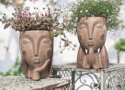 Saysmile Head Planters for Indoor Plants, Face Flower Pot Head Planter Succulent Planters Unique Face Planter with Drainage Hole - Rustic Thinking Girl Closed Eyes - color: Thinking - Rustic