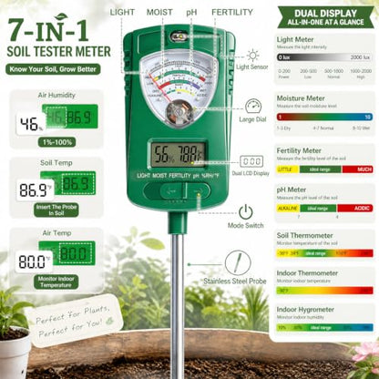 7-in-1 Soil Test Kit with 90° Rotatable Head, Soil Tester for Moisture/pH/Light Intensity/Fertility, Digital Screen for Soil & Air Temp/Humidity, Ideal for Garden, Lawn, Farm, Indoor/Outdoor Plants