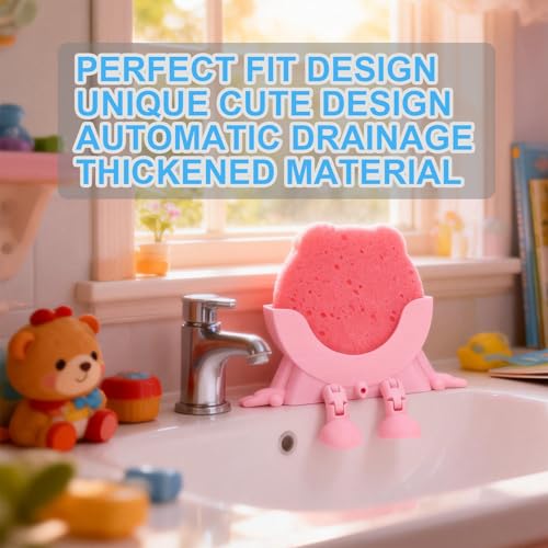 Cute Hanging Sponge Holder with Drainage for Kitchen Sink | 3D Printed Funny Countertop Sponge Holder, Keeps Sponge Dry, Suitable for Scrub Daddy Holder (Pink) - color: Pink