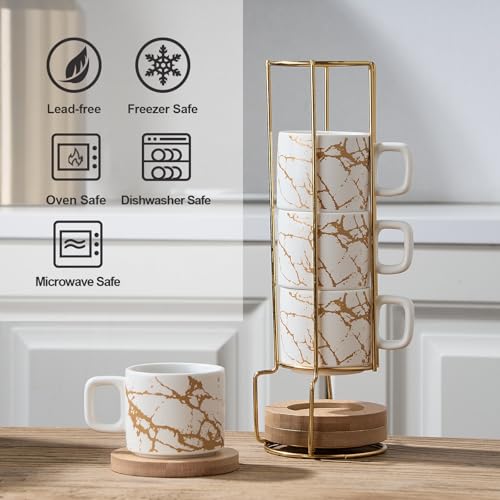 LUKA Porcelain Espresso Cup with Saucer and Metal Stand, 4 Ounce Stackable Ceramic Demitasse Espresso Mugs Cups Set for Latte,Coffee,Cafe Mocha,Tea(Set of 4),Marbling White - color: White Marbling