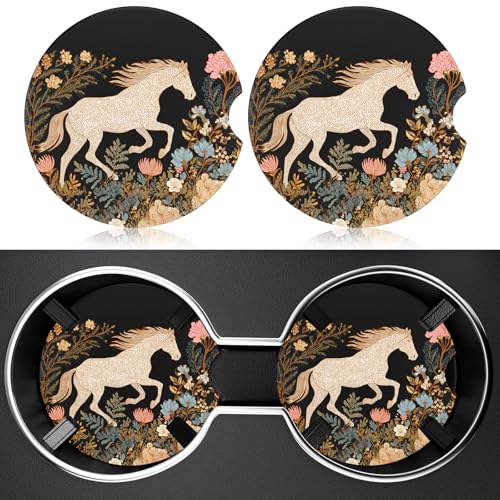 2 Pack Car Cup Holder Coaster, 2.63 inch Anti Slip Insert Absorbent Ceramic Car Coaster with Cork Base and Finger Notch, Cute Car Accessories Interior for Women, Cute Car Coasters. - color: Horse Floral