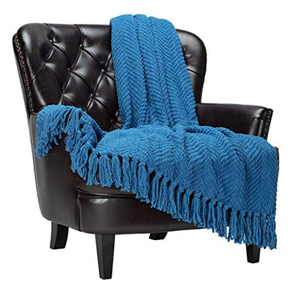 Chanasya Premium Textured Knit Throw Blanket with Tassels - Soft, Cozy Blanket for Couch, Bed, Living Room - 50" x 65” - Blue - color: Blue