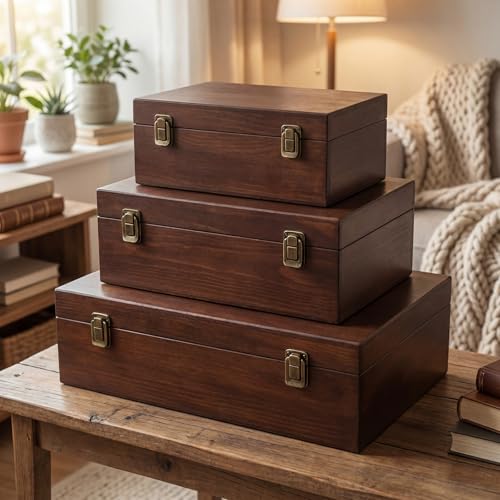 Sliner 3 Pcs Wooden Decorative Storage Boxes with Lids Vintage Wood Organizer Bins for Your Bookshelf Home Decor Safely Store Photos Documents Memory Jewelry Craft Storage (Dark Brown,S M L Size) - color: Dark Brown, size: S M L Size