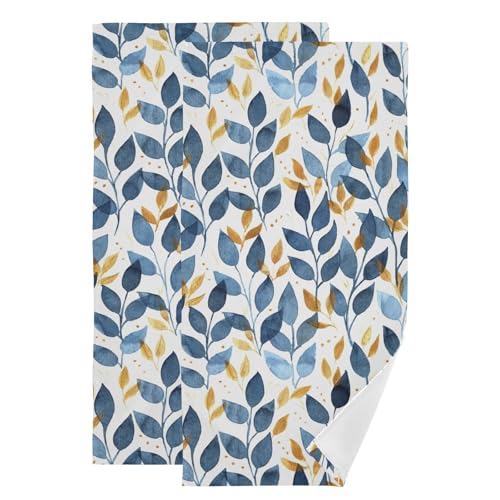 Blue and Gold Leave Branches Hand Towels Soft Bath Towels Set of 2 | Watercolor Navy Golden Leaf Decorative Bathroom Towels Absorbent Quick Dry Bath Face Hair Dish Tea Towels for Kitchen 28"x14" - color: Blue Gold
