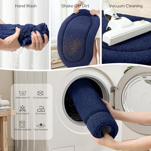 HOMEIDEAS Navy Blue Oval Bathroom Rug Sets 2 Piece 20" x 32" + 16" x 24" | Microfiber Bath Mats, Non-Slip TPR Backing, Ultra Absorbent & Quick Dry, Machine Washable for Bathroom, Shower, Tub - color: Navy Blue