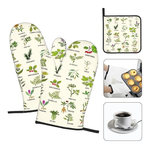 Cute Herbs Botanic Garden Plants Oven Mitts and Pot Holders Sets Heat Resistant for Kitchen BBQ Microwave Baking Grilling Cooks Set of 3 Kitchen Oven Glove - color: Cute Herbs
