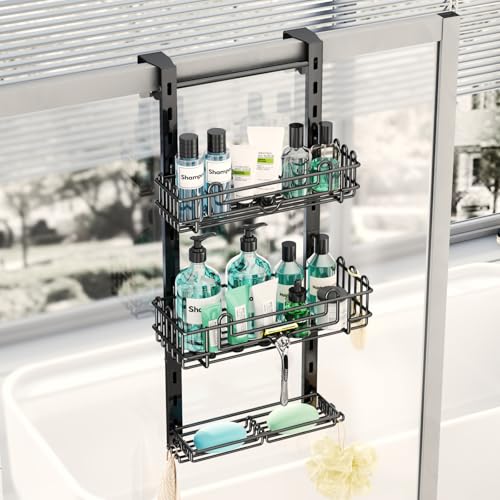 HapiRm 3 Tier Over the Door Shower Caddy, Hanging Shower Caddy with 16 Hooks and 2 Soap Holders, No Drilling Adjustable Hanging Bathroom Organizer - Black - color: Black, size: 3-tier