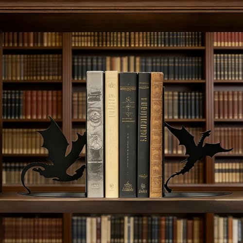 Dragon Metal Bookends for Shelves, Gothic Black Metal Decorative Book Ends, Heavy Duty Book Stoppers for Home Office Desk, Ideal Gift for Dragon Lovers & Book Lovers - style: Dragon