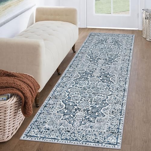 KUTA Vintage Washable Runner Rug 2x6 Blue White Runners for Hallways | Non-Slip, Non-Shedding, Low Pile, Easy Clean Distressed Flower Runners For Bathroom Kitchen Entryway Bedroom Laundry Foyer - color: Blue Floral, size: 2' x 6' (Runner)