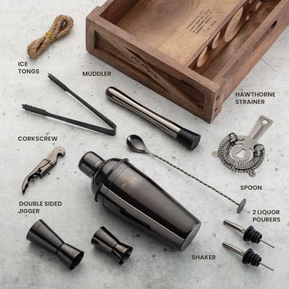 Mixology & Craft Rustic Cocktail Shaker Set – Includes Wood Stand, Complete Barware Kit with 24 Oz Shaker, Dual Jiggers, Pourers, Muddler, Strainer – Perfect for Home Bartenders (Gun-Metal Black) - color: Gun-metal Black