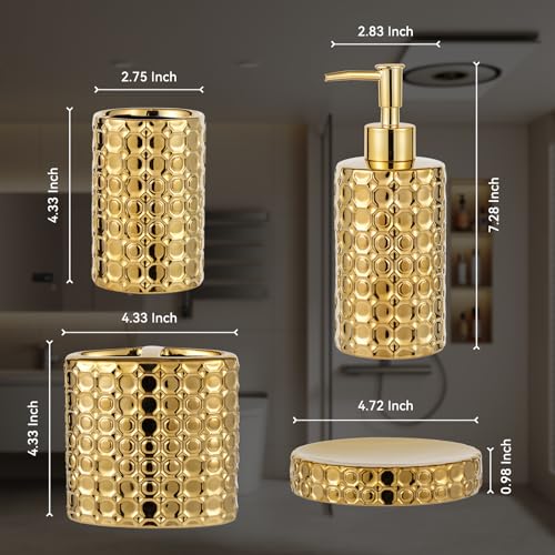 Gold Ceramic Bathroom Accessories Set, 4 Piece, Honeycomb Design with Soap Dispenser Pump, Tumbler, Toothbrush Holder, Soap Dish - color: Gold