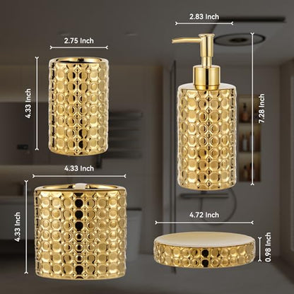 Gold Ceramic Bathroom Accessories Set, 4 Piece, Honeycomb Design with Soap Dispenser Pump, Tumbler, Toothbrush Holder, Soap Dish - color: Gold