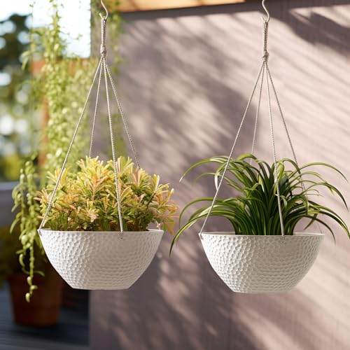 LA JOLIE MUSE Hanging Planters for Outdoor Plants, Large Hanging Planter with Drain Holes, Outdoor Hanging Flower Pots, White Stone, Honeycomb (13.2 Inch, Set of 2) | White Stone Finish, Hanging Baskets and Flower Pots for Outdoor Plants, Decorative Outdo