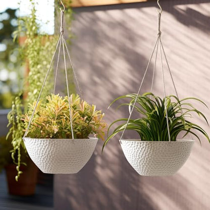 LA JOLIE MUSE Hanging Planters for Outdoor Plants, Large Hanging Planter with Drain Holes, Outdoor Hanging Flower Pots, White Stone, Honeycomb (13.2 Inch, Set of 2) | White Stone Finish, Hanging Baskets and Flower Pots for Outdoor Plants, Decorative Outdo