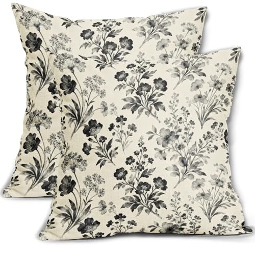Black Vintage Floral Pillow Covers 16x16 Inch Set of 2 Rustic Farmhouse Flowers Pattern Print Decorative Throw Pillowcases Outdoor Neutral Cushion Cases Seasonal Decor for Sofa Couch Bed - color: Black, size: 16" x 16" (Pack of 2)