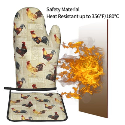 Rustic Rooster Oven Mitts and Pot Holder Set of 2 Farm Animal Print Heat Resistant Gloves Hot Pads for Kitchen Grilling Baking Cooking BBQ - color: Rustic Rooster