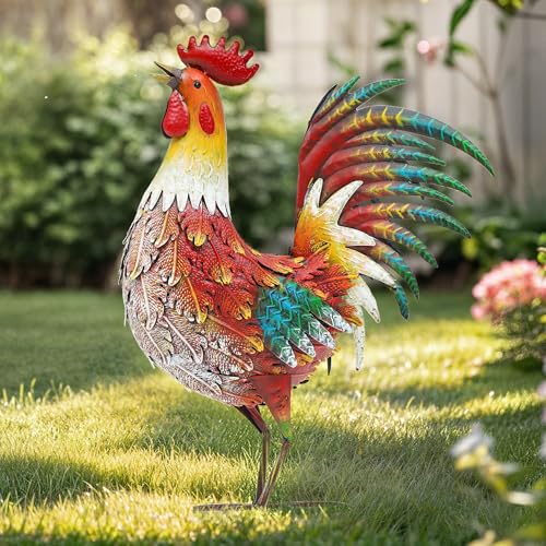 Metal Rooster Yard Decor, 21" Outdoor Garden Statues for Patio | Durable Metal with Hand-Painted Finish, Farmhouse Rooster Chicken Decor for Yard, Garden, Patio, Porch & Kitchen - color: 21.5"h-retro Red Rooster