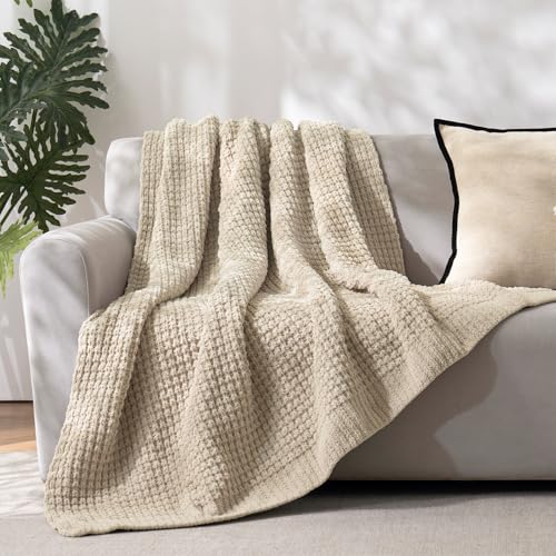 PHF Chenille Waffle Knit Throw Blanket- Plush Warm & Cozy 50" x 60" Ultra Soft Blanket- Chunky Fluffy Waffle Throws for Couch Bed Sofa - Natural - color: Natural, size: Throw(50"X60")
