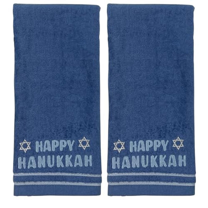 Hanukkah Bathroom Hand Towels – Set of 2 Blue 100% Cotton Embroidered “Happy Hanukkah” with Star of David Design – 25 x 16” Decorative Bath & Kitchen Towels - color: Hannukah