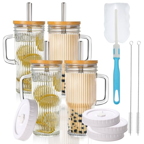 24oz Ribbed Glass Tumbler With Handle,4Pack Glass Cup with Lids and Straws,Reusable Glass Iced Coffee Cups With lids,Mason Jar Cup&Drinking Glasses for Smoothie,Shake,Juice,Soda Water,Tea,Travel - color: 24 oz 4-pack striped style