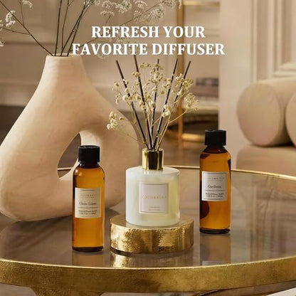 Reed Diffuser Set, 10.2oz Scented Oil Refill 3 Pack, Cashmere Vanilla, Ocean Mist, Lavender Garden, Long Lasting Oil Diffuser Refill with 18 Sticks for Bathroom & Bedroom