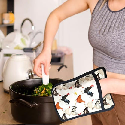 Farmhouse Chicken Pot Holders with Pockets, Farm Rooster Hen Chick Oven Pot Holders Heat Resistant Oven Mitts Hot Pads for Kitchen Baking Cooking