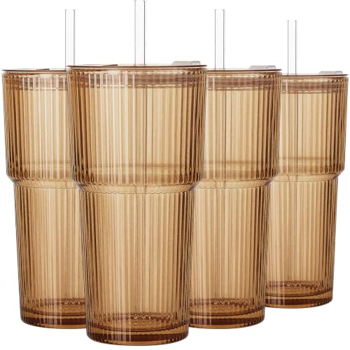 4PCS Brown Drinking Glasses, Ribbed Glass Cups with Lids and Straws, 20oz Vintage Drinking Glasses, Aesthetic Iced Coffee Cups, Glass Tumbler for Boba, Beer, Tea, Cocktails, Yellow Glassware (Brown-4) - color: Brown-4