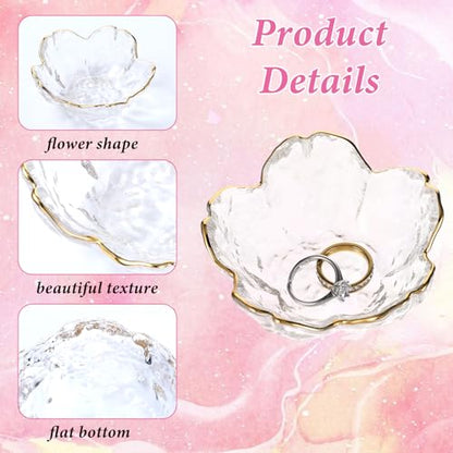 Ouligay Small Cute Jewelry Dish Tray Flower Jewelry Ring Dish Trinket Tray Ring Holder for Women Glass Jewelry Plate Dish with Gilt-Edged Blossom Design Gift for Wife Mom Daughter(Transparent) - color: Transparent