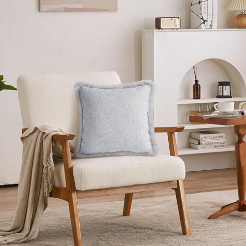 Decorative Luxury Boucle Throw Pillow Covers with Faux Fur 18x18, Set of 2, Modern Plush Pillow Case, Boho Farmhouse Cushion Case for Bed Couch Sofa, Light Gray (Covers Only) - size: 18" x 18" (Pack of 2)